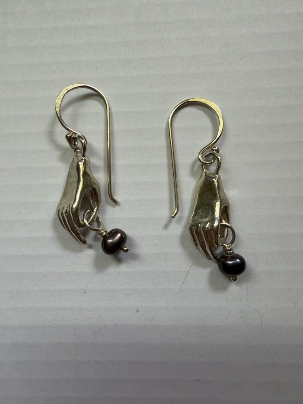 Handcrafted Sterling Silver Hand with Black Pearl Earrings, Alice Scott Designer